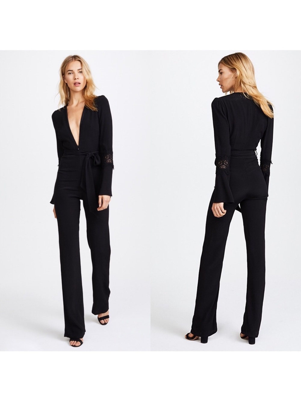 Stone Cold Fox Black Stevie Jumpsuit Plunge V-Neck Sexy Lace Flare size Small